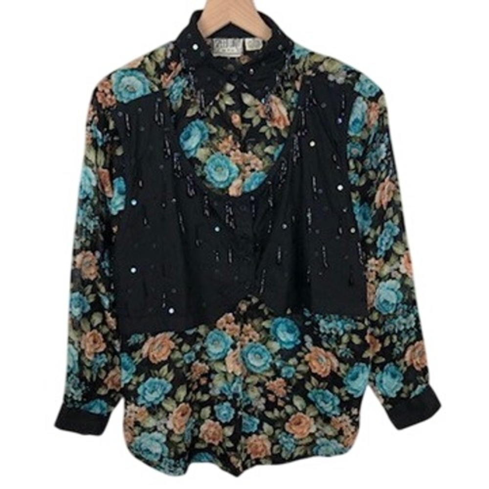 VTG Speed Limit MPH Floral Beaded Sequin Vest Overlay Shirt Women's M Western